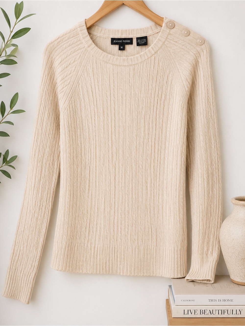 Jeanne Pierre 100% Cotton Cable Knit Sweater Button Shoulder Cream Medium